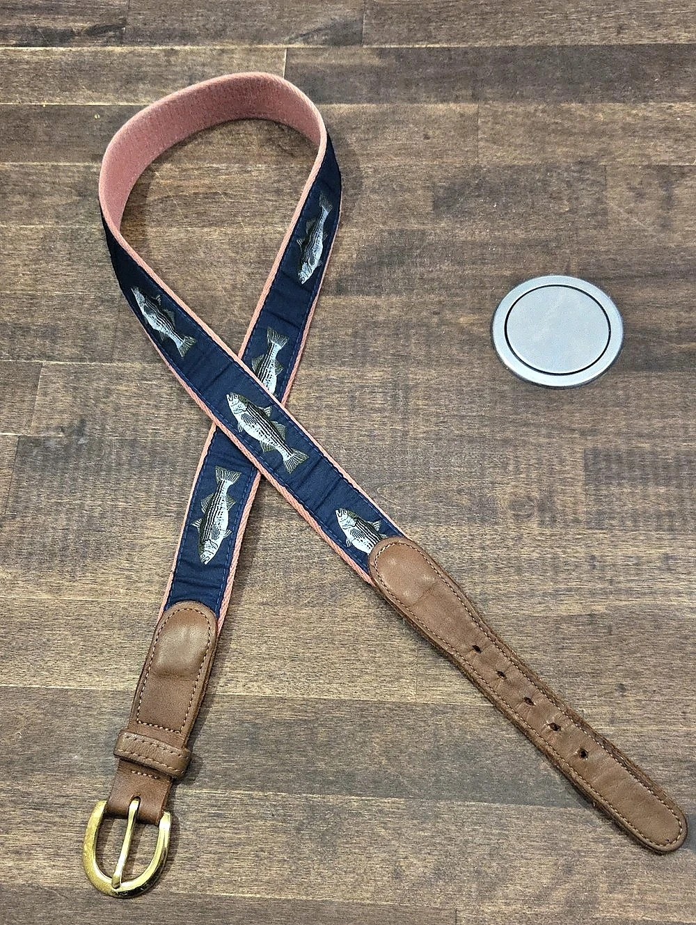 Preston Leather Striped Bass Leather Tab Belt in Blue & Brown